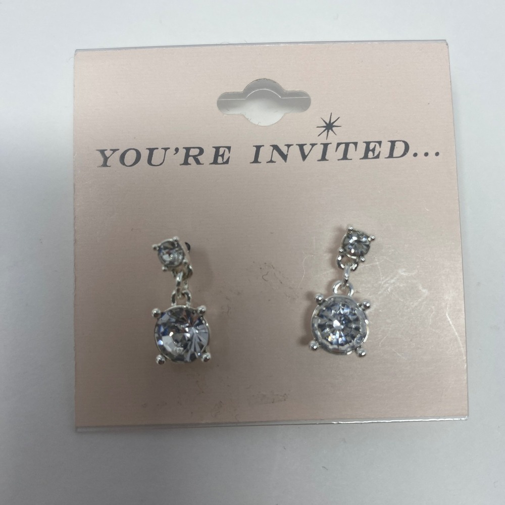 Sparkling Clear Dangle Stud Earrings Silver Tone Fashion‎ Jewelry Round Cut